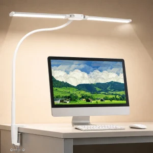 Dimmable Dual-Head LED Clamp Desk Lamp with 3 Color Modes and Adjustable Brightness.