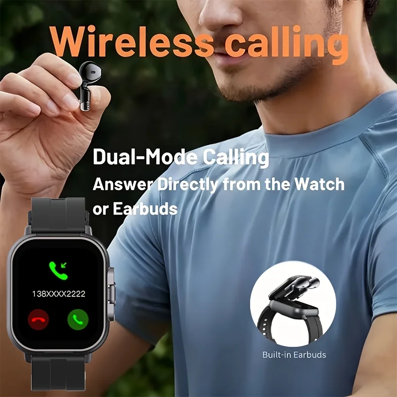 2-in-1 smartwatch with wireless earphones, health tracking, music, and sports modes. - Image 2