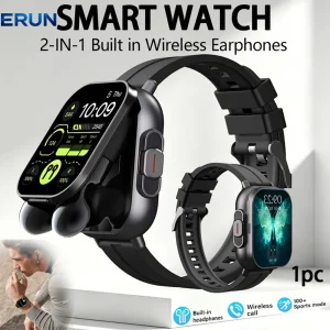 2-in-1 smartwatch with wireless earphones, health tracking, music, and sports modes.