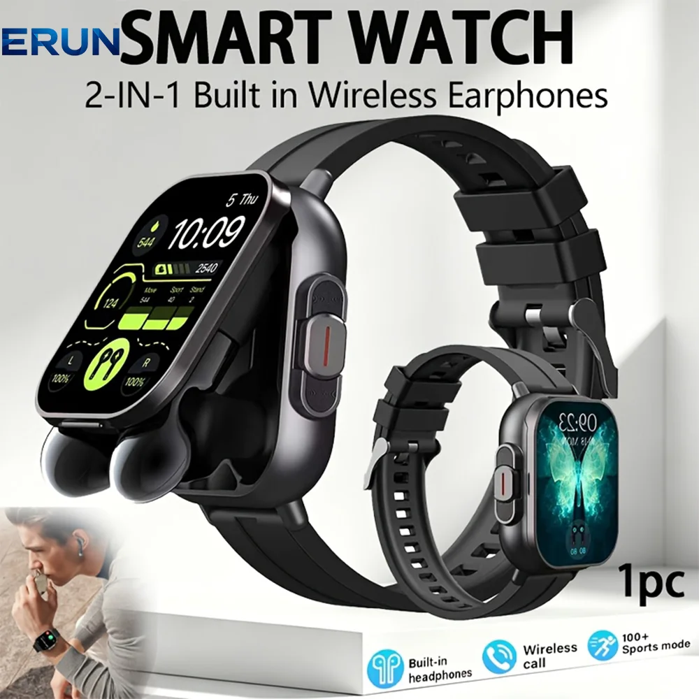 2-in-1 smartwatch with wireless earphones, health tracking, music, and sports modes. - Image 1